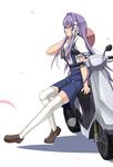  blue_skirt blush brown_footwear clannad commentary_request from_side fujibayashi_kyou full_body ground_vehicle hair_intakes hair_ribbon hikarizaka_private_high_school_uniform long_hair looking_away motor_vehicle over-kneehighs profile purple_eyes purple_hair ribbon school_uniform scooter shiseki_hirame shoes short_sleeves sidelocks sitting skirt smile solo thighhighs tress_ribbon very_long_hair white_legwear white_ribbon zettai_ryouiki 