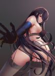  1girl ass bangs bare_shoulders black_bra black_gloves black_hair black_legwear black_panties bra breasts date_a_live elbow_gloves from_behind garter_belt garter_straps gloves grey_background hair_over_one_eye heterochromia highres lingerie long_hair looking_at_viewer looking_back medium_breasts panties parted_lips red_eyes sidelocks simple_background skindentation smile solo thighhighs tokisaki_kurumi twisted_torso underwear underwear_only yuzuriha_(pixiv_14248010) 