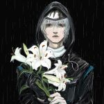  1boy arknights bad_guy black_background black_eyes doctor_(arknights) eyebrows_visible_through_hair flower highres holding holding_flower hood hood_up hooded_jacket jacket male_doctor_(arknights) rain shirt upper_body water_drop white_flower white_hair white_shirt 