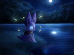  ambiguous_gender bat blue_eyes draconnia fur grass mammal membranous_wings mirageofillusions moon neckerchief night nintendo noibat outside pok&eacute;mon purple_fur signature solo video_games water wings 