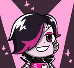  :3 :d android black_hair brown_eyes chibi eyelashes eyeshadow fang grey_skin grin gyate_gyate hair_over_one_eye looking_at_viewer lowres makeup male_focus mettaton mettaton_ex multicolored_hair open_mouth pink_background robot smile solo sparkle spoilers spotlight two-tone_hair undertale upper_body v-shaped_eyebrows yaruky 
