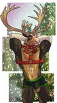  2016 abs anthro antlers balls biceps blush bulge cervine clothed clothing deer fur hands_behind_head horn kihu male mammal muscular muscular_male nipples pecs solo 