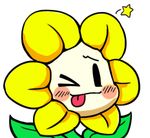  &gt;_o ;p blush_stickers chibi flower flowey_(undertale) gyate_gyate looking_at_viewer lowres motion_lines one_eye_closed simple_background smile solo star tongue tongue_out undertale white_background yaruky 