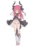  between_legs blade_(galaxist) blue_eyes blush boots bow bow_panties dragon_horns dragon_tail dress dress_lift elizabeth_bathory_(fate) elizabeth_bathory_(fate)_(all) fate/extra fate/extra_ccc fate_(series) hair_ribbon high_heel_boots high_heels horns long_hair looking_at_viewer navel panties red_hair ribbon simple_background solo tail tail_between_legs underwear white_background white_panties 