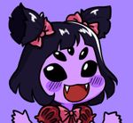  black_eyes black_hair blush_stickers bow chibi extra_eyes fangs gyate_gyate hair_bow hands insect_girl lowres monster monster_girl muffet open_mouth puffy_sleeves purple purple_background purple_skin short_twintails simple_background smile solo spider_girl twintails two_side_up undertale upper_body yaruky 