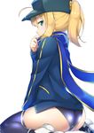  ahoge artoria_pendragon_(all) ass bad_id bad_pixiv_id baseball_cap between_legs bikini_bottom blonde_hair blue_scarf fate/grand_order fate_(series) from_behind from_side green_eyes hair_over_shoulder hand_between_legs hat jacket looking_at_viewer mysterious_heroine_x navy_blue_legwear p!nta ponytail profile rojiura_satsuki:_chapter_heroine_sanctuary scarf shiny shiny_clothes skindentation solo thighhighs thighs track_jacket 