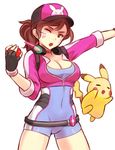  adapted_costume bangs baseball_cap black_gloves breasts brown_eyes brown_hair choker cleavage cosplay covered_navel cowboy_shot crop_top cropped_jacket crossover d.va_(overwatch) facial_mark female_protagonist_(pokemon_go) female_protagonist_(pokemon_go)_(cosplay) fingerless_gloves gen_1_pokemon gloves hat headphones holding holding_poke_ball jacket long_hair looking_at_viewer medium_breasts one_eye_closed open_mouth outstretched_arm overwatch pikachu pink_jacket poke_ball pokemon pokemon_(creature) pokemon_go ponytail sieyarelow simple_background skin_tight swept_bangs whisker_markings white_background 
