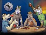  alcohol amixeduppuppy anthro beverage bong canine clothed clothing drugs group male mammal poker sitting smile smoke standing tongue tongue_out 