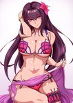  bikini blush breasts cleavage fate/grand_order fate_(series) flower hair_flower hair_ornament heart_ring_top hibiscus highres kunai large_breasts long_hair looking_at_viewer navel o-ring o-ring_top purple_hair purple_sarong red_eyes sarong scathach_(fate)_(all) scathach_(swimsuit_assassin)_(fate) shiny shiny_skin side-tie_bikini simple_background sitting smile solo swimsuit thigh_strap weapon webslinger 
