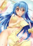  1girl absurdres bison_cangshu blue_hair blush breasts covering full-face_blush highres medium_breasts nude_cover quincy_(zhan_jian_shao_nyu) red_eyes rubber_duck shower_curtain solo sponge towel towel_slip yellow_towel zhan_jian_shao_nyu 