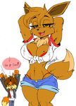  2016 akatsukishiranui-fox anthro big_breasts breasts canine cleavage clothed clothing duo eevee english_text female fox male mammal nintendo pok&eacute;mon smile text video_games 