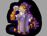 amixeduppuppy anthro beverage clothed clothing feline hat looking_at_viewer male mammal simple_background smile soda solo tiger 