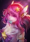  alternate_costume armband artist_name blush bow breasts choker cleavage collarbone condom condom_in_mouth condom_wrapper dated from_above hair_ornament hairclip highres joshua_jin league_of_legends long_hair looking_at_viewer luxanna_crownguard medium_breasts mouth_hold pink_eyes pink_hair purple_choker solo star star_guardian_lux 