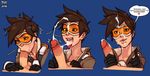  1boy 1girl :&gt;= blue_background brown_hair cum cum_on_hair cum_on_tongue earrings ejaculation facial fellatio gloves goggles heart jacket looking_at_viewer mrpotatoparty overwatch penis saliva short_hair speech_bubble spiked_hair testicles tracer_(overwatch) uncensored 