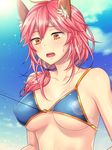  :o alternate_hairstyle animal_ears aoi_chimaki bare_shoulders bikini bikini_top blue_bikini blue_sky blush breasts cleavage cloud collarbone day fate/extra fate/extra_ccc fate/grand_order fate_(series) fishing_hook fishing_line fox_ears hair_between_eyes hair_over_shoulder large_breasts looking_down open_mouth pink_hair ponytail sky solo sun_glare sweat swimsuit tamamo_(fate)_(all) tamamo_no_mae_(fate) tamamo_no_mae_(swimsuit_lancer)_(fate) underboob upper_body yellow_eyes 