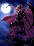  1girl batwoman bodysuit boots cape dc_comics full_moon gargoyle gauntlets high_heel_boots kate_kane mask moon night red_hair red_shoes solo standing wig 