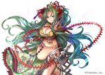  :q bare_shoulders belt blade blue_eyes bow breasts cleavage company_name elbow_gloves eyes_visible_through_hair floral_print flower gloves green_hair hair_bow hair_ornament holding holding_weapon jewelry large_breasts long_hair looking_at_viewer madogawa multicolored multicolored_eyes navel necklace official_art outstretched_arm ribbon rope sengoku_gensoukyoku simple_background sleeveless smile solo spikes tassel tongue tongue_out very_long_hair wavy_hair weapon whip white_background 