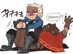  arm_up boots brown_hair facial_scar gloves korean lying mccree_(overwatch) metope multiple_boys on_floor on_stomach overwatch scar silver_hair simple_background soldier:_76_(overwatch) white_background white_hair wrestling 