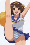  absurdres bleed_through blush breasts brown_eyes brown_hair cheerleader hairband haruhisky highres large_breasts leg_up open_mouth orange_hairband panties pantyshot pom_poms scan scan_artifacts short_hair simple_background skirt smile solo striped striped_panties suzumiya_haruhi suzumiya_haruhi_no_yuuutsu underwear white_background 