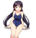  :d aqua_eyes artist_name black_hair blue_eyes competition_school_swimsuit long_hair love_live! love_live!_school_idol_project one-piece_swimsuit open_mouth pink_scrunchie scrunchie simple_background sitting skull573 smile solo swimsuit toujou_nozomi twintails twitter_username white_background 