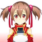  breastplate brown_hair hair_between_eyes highres looking_at_viewer red_eyes red_ribbon ribbon short_twintails silica smile solo spiceg sword_art_online twintails upper_body 