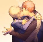  1boy 1girl ahoge artoria_pendragon_(all) blonde_hair blood blood_from_mouth blood_on_face blue_ribbon breasts cleavage cleavage_cutout couple emiya_shirou eyes_closed fate/stay_night fate_(series) hair_ribbon hetero highres hug kiss long_sleeves raglan_sleeves red_hair ribbon saber yatsuashimon 