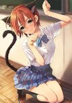  animal_ears black_legwear blush bow bowtie brown_hair cat_ears cat_tail fang fang_out green_eyes hoshizora_rin kneehighs kneeling loafers looking_at_viewer love_live! love_live!_school_idol_project otonokizaka_school_uniform paw_pose pleated_skirt school_uniform shoes short_hair skirt smile solo tail yana_mori 