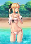  artoria_pendragon_(all) beach bikini blonde_hair blush breasts day fate/grand_order fate/stay_night fate/unlimited_codes fate_(series) forest green_eyes highres medium_breasts nature navel ocean ponytail saber saber_lily saberivliku smile solo swimsuit white_bikini 