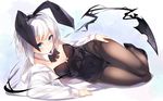  animal_ears arm_support black_legwear blue_eyes blush bow bowtie bunny_ears bunny_girl bunnysuit covered_navel detached_collar fake_animal_ears hand_on_own_thigh high_heels hood hood_down hoodie leotard looking_at_viewer lying on_side open_clothes open_hoodie original otokuyou pantyhose ringo-chan_(otokuyou) short_hair simple_background solo white_hair 