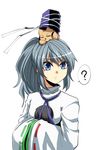  ? animalization bird blue_eyes commentary_request grey_hair hands_in_opposite_sleeves hat japanese_clothes kakao_(noise-111) kariginu long_sleeves looking_away mononobe_no_futo pom_pom_(clothes) ponytail ribbon-trimmed_sleeves ribbon_trim solo spoken_question_mark tate_eboshi touhou toyosatomimi_no_miko upper_body white_background wide_sleeves 