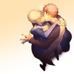 1boy 1girl artoria_pendragon_(all) blonde_hair blood blood_from_mouth blood_on_face blue_ribbon breasts cleavage cleavage_cutout couple emiya_shirou eyes_closed fate/stay_night fate_(series) hair_ribbon hetero highres hug kiss long_sleeves raglan_sleeves red_hair ribbon saber standing yatsuashimon 