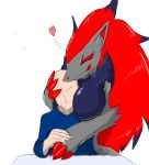  &lt;3 2016 anthro breasts clothed clothing duo eyes_closed female fur grey_fur hair human interspecies love male mammal nintendo nude pok&eacute;mon pok&eacute;mon_(species) pok&eacute;philia red_hair romantic_couple simple_background standing tarian video_games white_background zoroark 