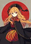  bad_id bad_pixiv_id black_dress chinese_clothes crescent dress hat junko_(touhou) long_hair long_sleeves looking_at_viewer okono orange_hair red_eyes sash smile solo tabard touhou wide_sleeves 