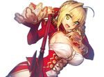  :d aestus_estus ahoge armpits blonde_hair breasts cleavage commentary_request dress epaulettes fate/extra fate_(series) green_eyes hair_intakes hair_ribbon juliet_sleeves large_breasts long_sleeves looking_at_viewer melon22 nero_claudius_(fate) nero_claudius_(fate)_(all) open_mouth puffy_sleeves red_dress red_ribbon ribbon short_hair sideboob smile solo sword upper_body weapon 