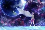  angel_wings barefoot commentary_request dress earth feathered_wings feathers from_side full_body jacket kakao_(noise-111) kishin_sagume lifted_by_self long_sleeves open_clothes open_jacket profile purple_dress red_eyes silver_hair single_wing skirt_hold solo space touhou walking walking_on_liquid white_jacket white_wings wings 