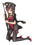  a9b_(louis814) absurdres animal_ears blue_eyes breda_30 brown_hair bunnysuit dog_ears federica_n_doglio gun hat high_heels highres holster italian_flag italy jacket_on_shoulders kneeling long_hair looking_at_viewer necktie pantyhose short_necktie solo weapon world_witches_series 