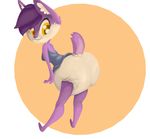  ageplay anthro cat clothing diaper feline female fur indigoanonymous mammal purple_fur simple_background smile solo standing yellow_eyes 