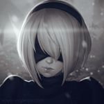  blindfold closed_mouth covered_eyes facing_viewer greyscale hairband juliet_sleeves koyorin light long_sleeves mole mole_under_mouth monochrome nier_(series) nier_automata portrait puffy_sleeves short_hair solo turtleneck watermark web_address yorha_no._2_type_b 