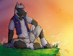  amixeduppuppy anthro bulge clothed clothing equine horse male mammal outside sitting smile solo 