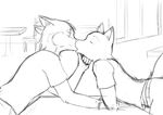  anthro belt black_and_white canine chair clothed clothing cute duo ears_down eyes_closed furniture kissing kurapika male male/male mammal monochrome paints raven_wolf romantic_couple scar shirt simple_background sketch table teddy_conner white_background window wolf wristband young yula 