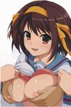  1girl absurdres bangs bleed_through blush breast_grab breasts brown_eyes brown_hair dark_skin dark_skinned_male grabbing hair_ribbon haruhisky hetero highres kita_high_school_uniform large_breasts open_mouth ribbon scan scan_artifacts shiny shiny_skin suzumiya_haruhi suzumiya_haruhi_no_yuuutsu sweat undressing 