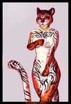  2016 anthro black_border border breasts collar covering covering_breasts covering_crotch feline female fur hi_res inner_ear_fluff looking_at_viewer mammal navel nipples nude pygskine red_eyes simple_background solo striped_fur stripes three-quarter_view tiger white_background 