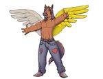  amixeduppuppy anthro bulge clothed clothing equine eyes_closed feathered_wings feathers horse male mammal simple_background smile solo standing teeth topless white_background wings 