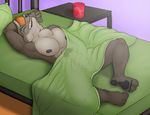  after_masturbation amixeduppuppy anthro bed bulge canine clenched_teeth eyes_closed inside lying male mammal nipples nude on_back pillow solo teeth 