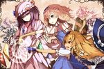  alice_margatroid apron blonde_hair blue_dress blue_eyes book brown_eyes capelet crescent crescent_hair_ornament dress gloves glowing grimoire hair_ornament hairband highres kirisame_marisa lolita_hairband long_hair multiple_girls patchouli_knowledge purple_eyes purple_hair short_hair striped striped_dress touhou venomrobo waist_apron 