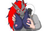  2016 anthro blush breast_fondling breasts clothed clothing duo female fondling fur grey_fur hair hand_on_breast human interspecies male male/female mammal nintendo nipples nude one_eye_closed pok&eacute;mon pok&eacute;mon_(species) pok&eacute;philia red_hair simple_background tarian video_games white_background zoroark 