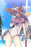  absurdres animal_ears beach bracer braid breasts cleavage cloud contrapposto covered_navel cowboy_shot day drink drinking_straw ears_through_headwear erune fangs flower gift_card granblue_fantasy hat heles hibiscus highres holding kumonji_aruto long_hair looking_at_viewer medium_breasts one-piece_swimsuit outdoors palm_tree polearm silver_hair single_braid sky smile solo standing summer sun_hat swimsuit tree very_long_hair water weapon white_swimsuit yellow_eyes 