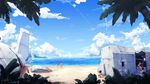  3girls beach bikini brown_hair cloud commentary_request day footprints highres langbazi male_swimwear multiple_boys multiple_girls ocean one-piece_swimsuit original outdoors ruins sand scenery short_hair shorts sky swim_trunks swimsuit swimwear 