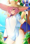  animal_ears breasts closed_umbrella ears_through_headwear fate/extra fate/grand_order fate_(series) fox_ears fox_tail hat kirie_nozomi large_breasts looking_at_viewer md5_mismatch one_eye_closed palm_tree palms parasol pink_hair shirt smile solo sun_hat tail tamamo_(fate)_(all) tamamo_no_mae_(fate) tamamo_no_mae_(swimsuit_lancer)_(fate) tree umbrella v white_shirt yellow_eyes 