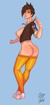  1girl areolae ass blue_background bottomless breasts brown_hair from_behind jacket looking_at_viewer looking_back mrpotatoparty nipples open_jacket overwatch parted_lips short_hair side_boob solo spiked_hair thighhighs tracer_(overwatch) 